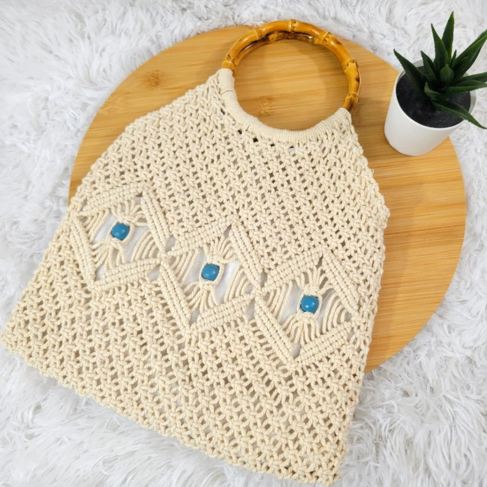 BOHO cotton macrame crochet beaded beachy summer bamboo tribal satchel bag